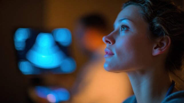 Midpregnancy ultrasound session showing the expectant mothers focused face while the technician and room softly fade out of focus.