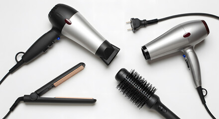 hair tools, beauty and hairdressing concept - hairdryer, hot styler and curling iron or tongs on white background