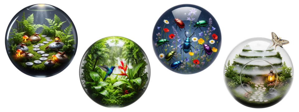 Set of four fantasy glass orbs featuring enchanted forest with mushrooms, tropical hummingbirds, colorful beetles with flowers, and magical tree with lantern