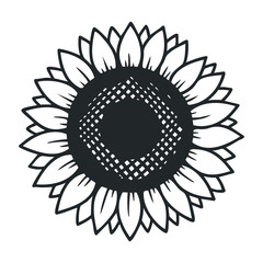 Black and white sunflower design with detailed petal and seed pattern. Vector illustration