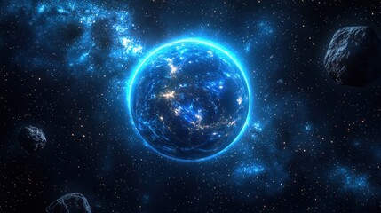 Obraz premium Glowing blue planet with asteroid field, stars and nebulae in cosmic background