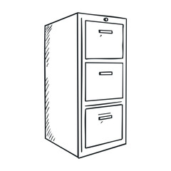 Black and white sketch of a three-drawer filing cabinet. Vector illustration