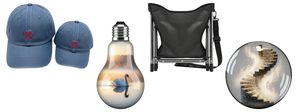 Collage of matching blue caps with heart embroidery, light bulb with swan scene, black folding chair, and glass orb with spiral staircase