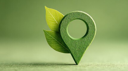 Green location pin adorned with leaves, on a monochromatic textured surface