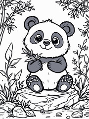 Vsai adorable panda cub holding bamboo in lush forest setting coloring page