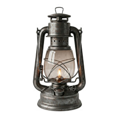 Rustic metal lantern with glass enclosure and lit flame on transparent background