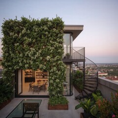 Modern rooftop terrace with living green wall and spiral staircase offers luxurious outdoor space