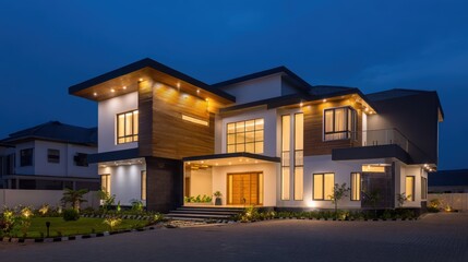 Modern architectural home illuminated at night, showcasing elegant design and surrounding greenery