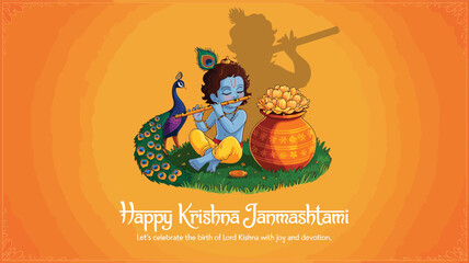 Child Lord Krishna Playing Flute with Peacock and Butter Pot on Orange Background for Krishna Janmashtami Celebration and Devotional Theme