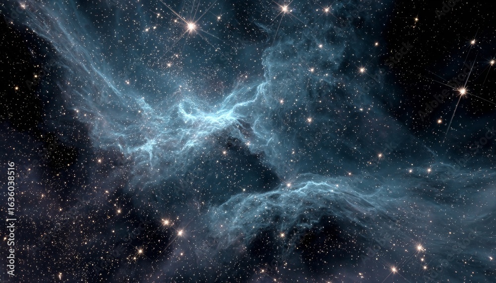 Wall mural vast blue and black textured nebula in deep spacetime with sparkling stars and complex forms