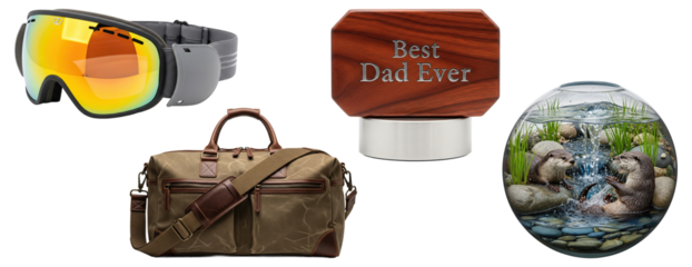 Collage of ski goggles, wooden Best Dad Ever trophy, travel duffel bag, and glass orb with playful otters