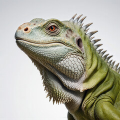 Fototapeta premium Emerald Gaze of the Iguana: The captivating gaze of a vibrant green iguana against a soft backdrop, revealing intricate details and textures, portraying its unique beauty in sharp focus.