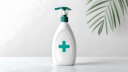 Hand sanitizer bottle on a clean surface with a green plant in the background