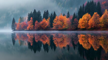 Vibrant autumn trees on a calm mountain lake at sunrise