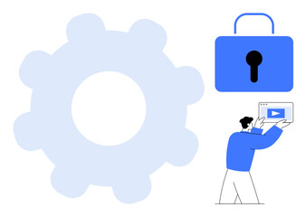 Gear, lock, and person holding media content symbolize technology, security, and control. Ideal for cybersecurity, media management, user experience, innovation IT solutions data privacy simple