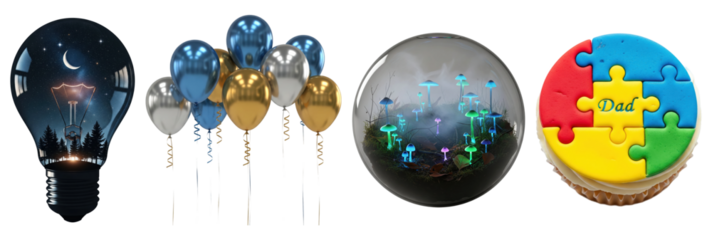 Set of night forest scene inside light bulb, metallic party balloons in gold silver and blue, glass dome with glowing neon mushrooms, and colorful puzzle piece dad cupcake