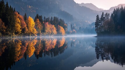 Obraz premium Vibrant autumn trees on a calm mountain lake at sunrise