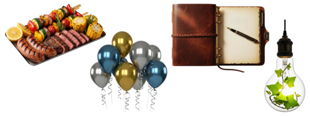 Set of grilled meat and vegetable platter, metallic balloons in gold silver and blue, vintage leather journal with pen, and hanging light bulb terrarium with green ivy