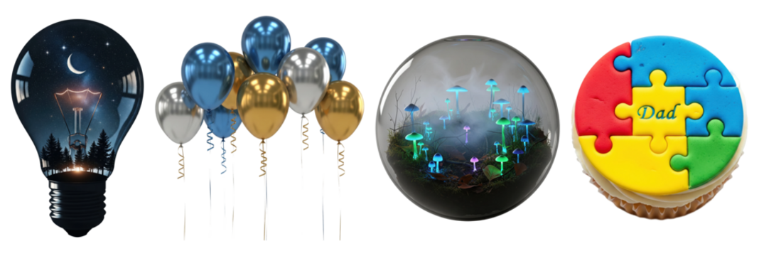 Set of night forest scene inside light bulb, metallic party balloons in gold silver and blue, glass dome with glowing neon mushrooms, and colorful puzzle piece dad cupcake