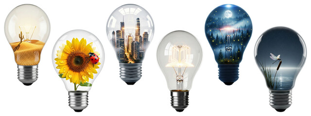 Collection of creative light bulb designs featuring desert cactus, sunflower with ladybug, modern city skyline, open book with glowing pages, forest at night with moonlight, and dragonfly over water