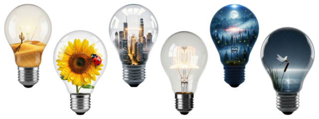 Collection of creative light bulb designs featuring desert cactus, sunflower with ladybug, modern city skyline, open book with glowing pages, forest at night with moonlight, and dragonfly over water