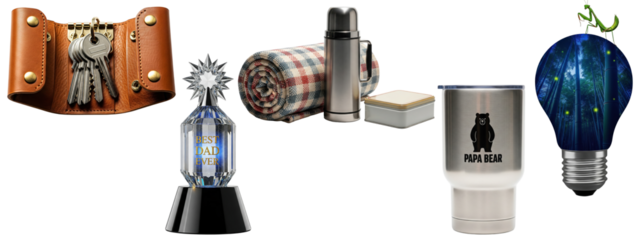 Set of brown leather key holder with keys, crystal best dad ever trophy, picnic set with thermos and blanket, stainless steel papa bear travel tumbler, and light bulb with glowing forest scene