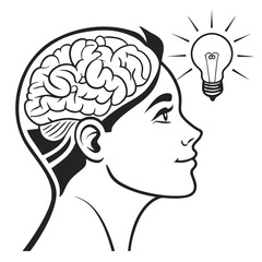 A brain inside a head with a light bulb representing idea generation isolated on white background