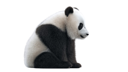 Naklejka premium Cute panda sitting sideways with round ears and fluffy fur, calm pose full body animal photo on white background 4k image