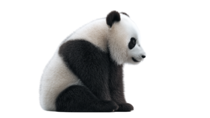 Cute panda sitting sideways with round ears and fluffy fur, calm pose full body animal photo on white background 4k image