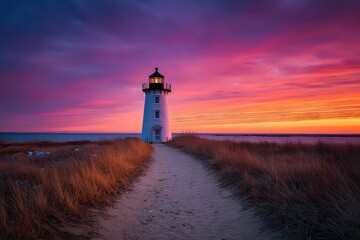 Colorful Sunset Over Lighthouse and Coastal Path