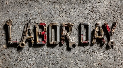 Labor Day holiday concept with text spelled out in tools on concrete