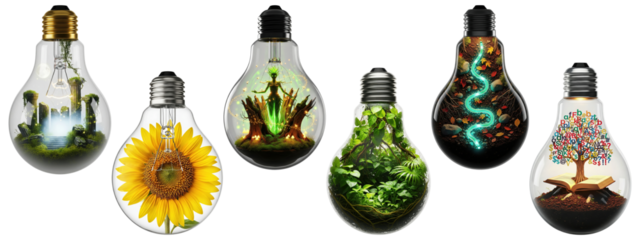 Creative light bulb terrarium collection featuring fantasy landscapes, sunflower bloom, enchanted forest tree, glowing river path, lush green foliage, and colorful alphabet tree