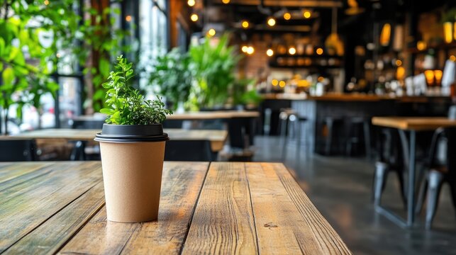A kraft paper coffee cup with a small herb plant sits on a rustic wooden table in a dimly lit, plant-filled cafe; blurred bar and seating in background