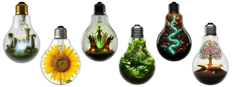 Creative light bulb terrarium collection featuring fantasy landscapes, sunflower bloom, enchanted forest tree, glowing river path, lush green foliage, and colorful alphabet tree
