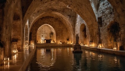 Subterranean Pool With Candles In Ancient Baths