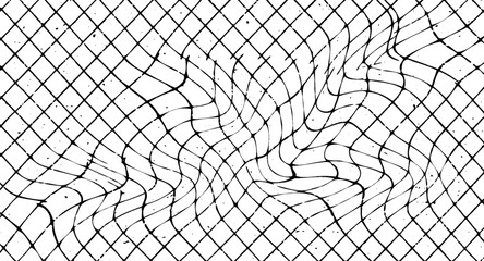 Distorted black grid lines on a white background create a visually captivating abstract pattern with a unique, organic feel, blending geometric precision with fluid asymmetry