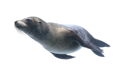 Diving seal captured sideways underwater with clear motion and smooth texture, real look, full view, on white background, 4k, unique, no blur, clear view