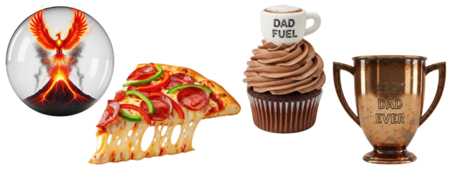 Fiery phoenix in glass orb, cheesy pepperoni pizza slice, chocolate cupcake with “Dad Fuel” coffee topper, and bronze “Best Dad Ever” trophy