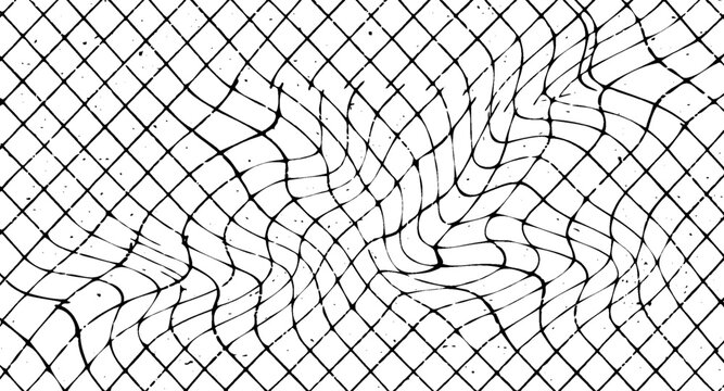 Distorted black grid lines on a white background create a visually captivating abstract pattern with a unique, organic feel, blending geometric precision with fluid asymmetry