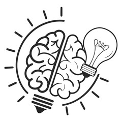 Illustration of a brain and light bulb, representing creative thinking and innovative ideas isolated on white background