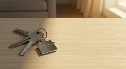 A set of house keys with a simple house-shaped keyring on a light wooden table