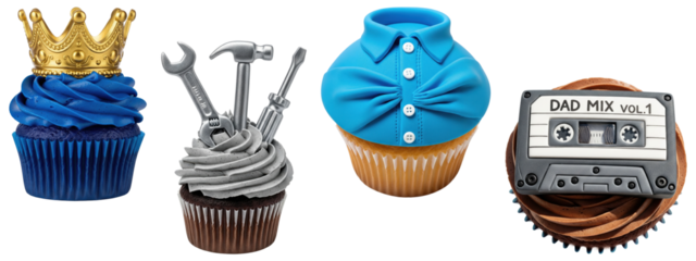 Set of four decorated cupcakes with crown, tools, blue shirt, and retro cassette tape toppers