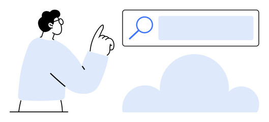 Man pointing towards a search bar beside a cloud element, representing online searching and technology. Ideal for search technology, cloud computing, innovation, data management, simplicity, user