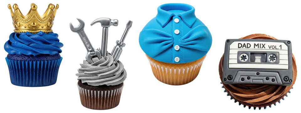 Set of four decorated cupcakes with crown, tools, blue shirt, and retro cassette tape toppers