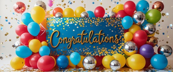 Bright congratulations balloon arch with confetti and glittering sign