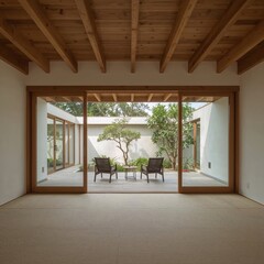 Fototapeta premium Serene interior featuring wooden frame doors leading to a minimalist outdoor courtyard and natural light