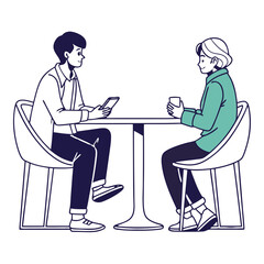 Two people are sitting at a table, having a conversation over coffee, isolated on white background