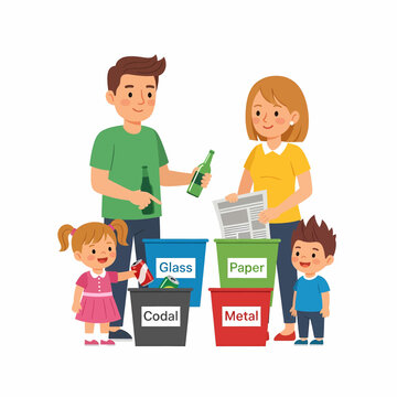 Family Sorting Waste: Recycling Education for Kids