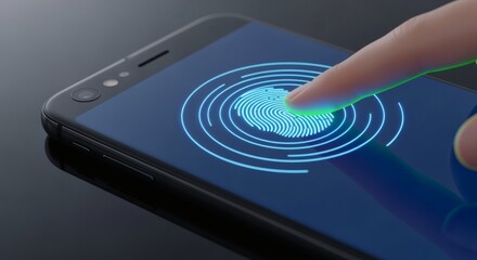 A finger is shown touching a smartphone screen with a glowing fingerprint authentication graphic displayed on the screen.