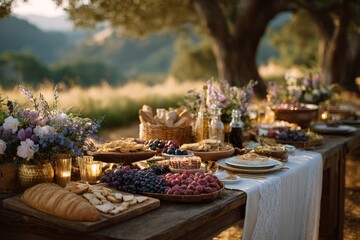 A festive table set in the middle of a field. Generative AI